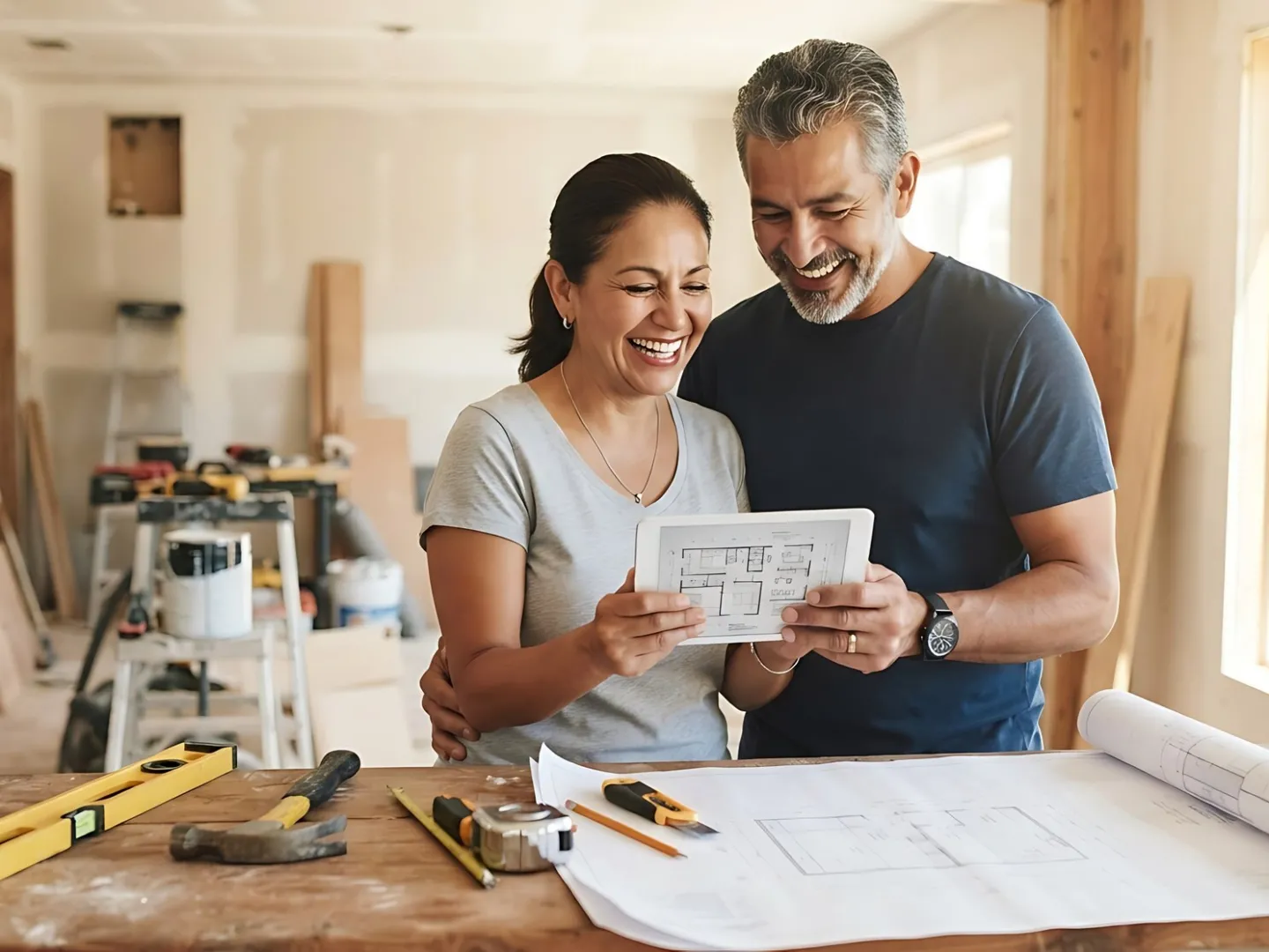 Couple préparant ses travaux sur une tablette dans une maison en rénovation