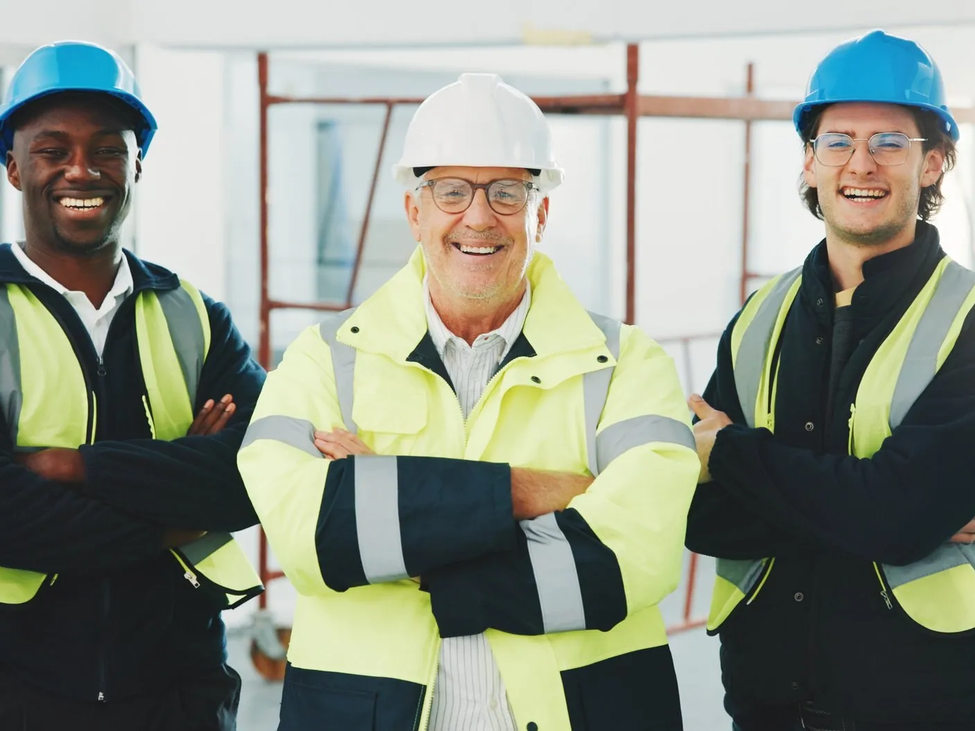 Trois professionnels du bâtiment en casque et gilet sur un chantier