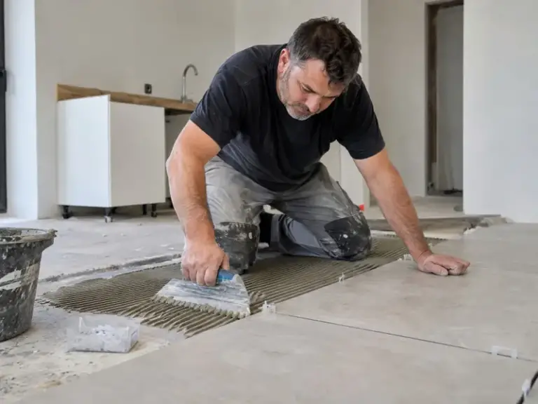Carreleur au travail sur un chantier
