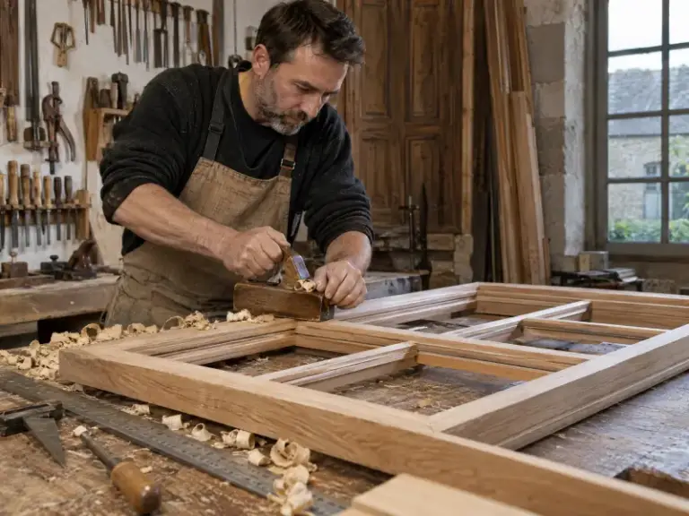Menuisier au travail sur un chantier